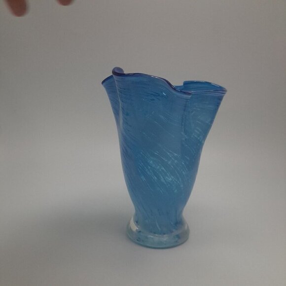 Vintage Blown Glass Swung Ruffled Blue Vase - Picture 2 of 7